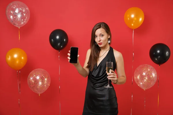Pretty Young Woman Black Dress Holding Glass Champagne Mobile Phone — 스톡 사진