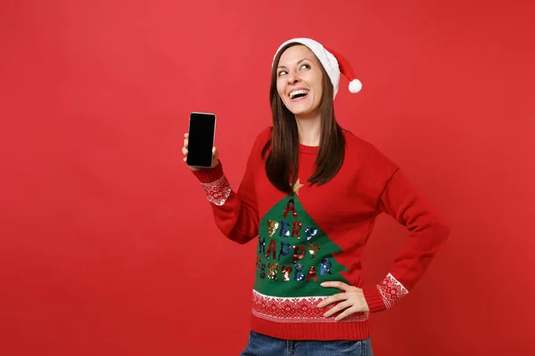 Dreamy Young Santa Girl Christmas Hat Looking Holding Mobile Phone — Stock Photo, Image