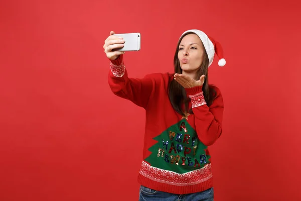 Linda Joven Santa Chica Haciendo Tomar Selfie Tiro Teléfono Móvil — Foto de Stock