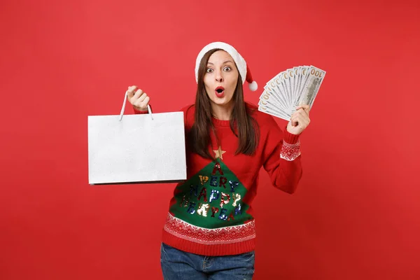 Rapariga Papai Noel Chocado Segurar Monte Notas Dólares Dinheiro Dinheiro — Fotografia de Stock