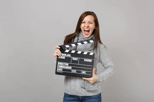 Crazy Young Woman Gray Sweater Scarf Screaming Holding Classic Black — Stock Photo, Image