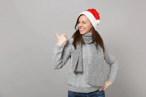 Smiling Young Santa Girl Gray Sweater Scarf Christmas Hat Looking — Stock Photo, Image