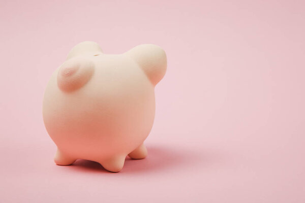 Close up photo, Back rear view of pink piggy money bank isolated on pastel wall background. Money accumulation investment, banking or business services, wealth concept. Copy space advertising mock up