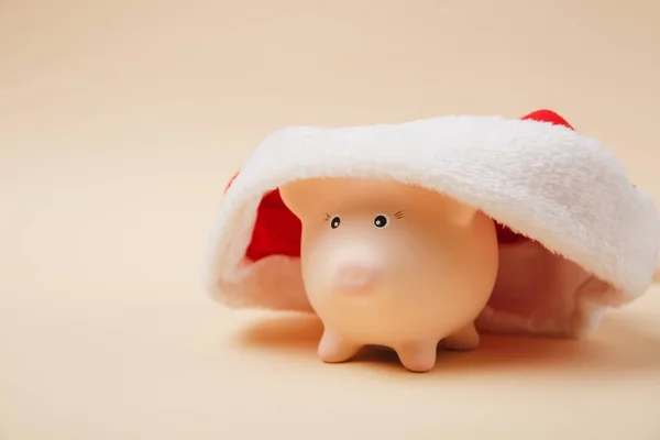 Close Banco Dinheiro Rosa Piggy Com Chapéu Natal Isolado Fundo — Fotografia de Stock
