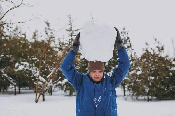 Young Man Blue Winter Warm Clothes Playing Holding Head Big — Stock Photo, Image