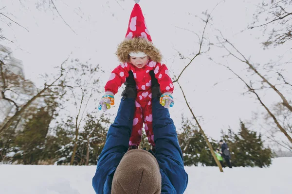 Happy Family Young Man Throwing Little Girl Winter Warm Clothes — Stock Photo, Image