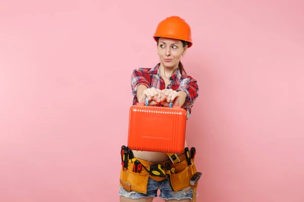 Strong Young Handyman Woman Orange Helmet Plaid Shirt Denim Shorts — Stock Photo, Image