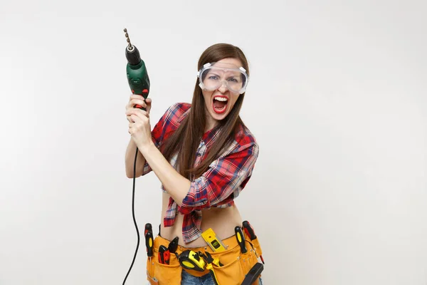 Fuerte Joven Manitas Energía Mujer Camisa Cuadros Pantalones Cortos Mezclilla — Foto de Stock