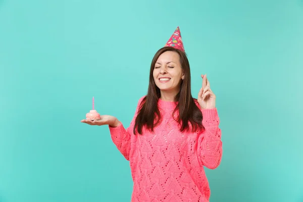 Dreamy Young Woman Knitted Pink Sweater Birthday Hat Keeping Fingers — Stock Photo, Image
