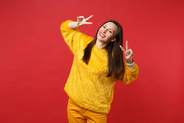 Portrait Joyful Smiling Young Woman Yellow Fur Sweater Showing Victory — Stock Photo, Image