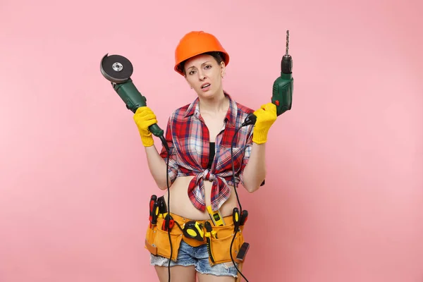 Mujer Manitas Diversión Energía Guantes Casco Naranja Protector Kit Herramientas — Foto de Stock