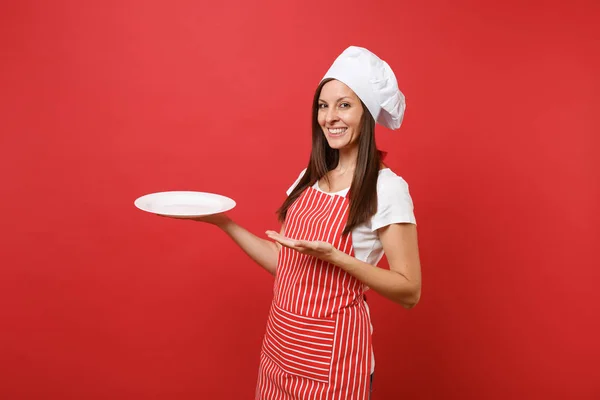 Huisvrouw Vrouwelijke Chef Kok Bakker Gestreepte Schort Witte Shirt Toque — Stockfoto