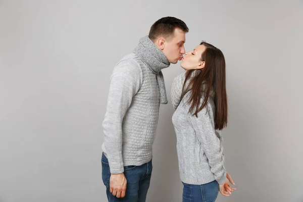 Young Cute Couple Girl Guy Gray Sweaters Scarves Together Isolated — Stock Photo, Image