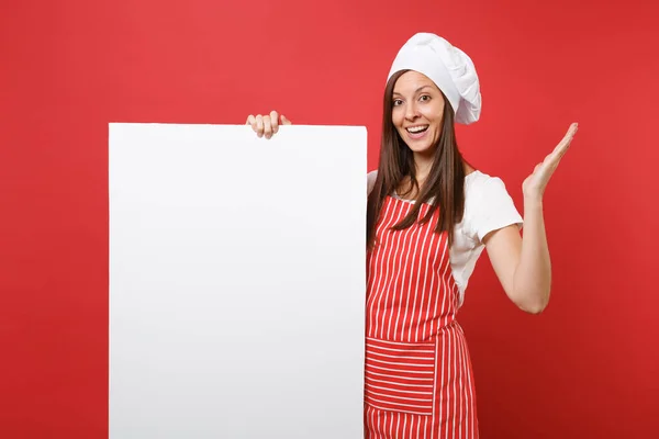 Huisvrouw Vrouwelijke Chef Kok Baker Gestreepte Schort Wit Shirt Toque — Stockfoto