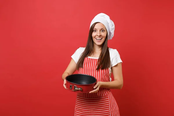 Huisvrouw Vrouwelijke Chef Kok Bakker Gestreepte Schort Wit Shirt Toque — Stockfoto