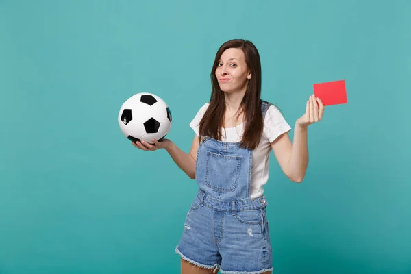 Confuso Perplesso Giovane Donna Squadra Supporto Tifoso Calcio Con Pallone — Foto Stock