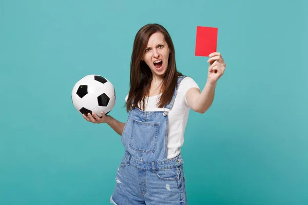 Arrabbiato Irritato Giovane Donna Squadra Supporto Tifoso Calcio Con Pallone — Foto Stock