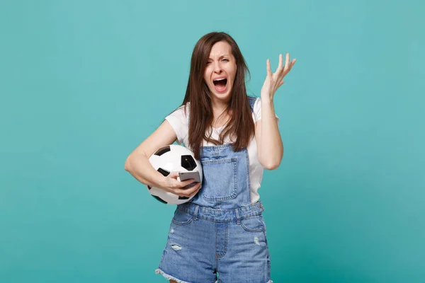 Llorando Joven Mujer Gritando Ventilador Fútbol Con Pelota Fútbol Usando —  Fotos de Stock