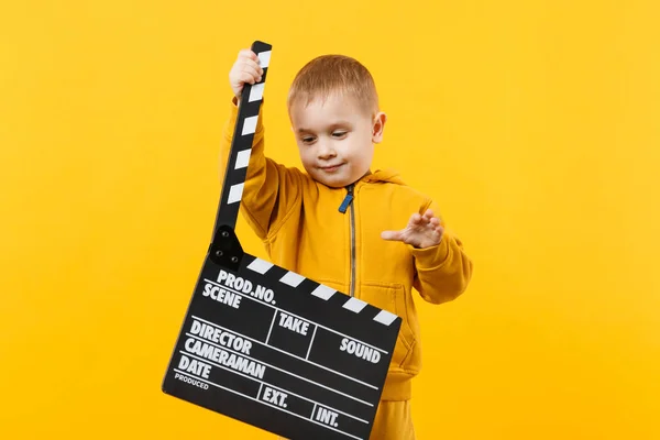 Little Kid Boy Years Old Yellow Clothes Isolated Orange Wall — Stock Photo, Image