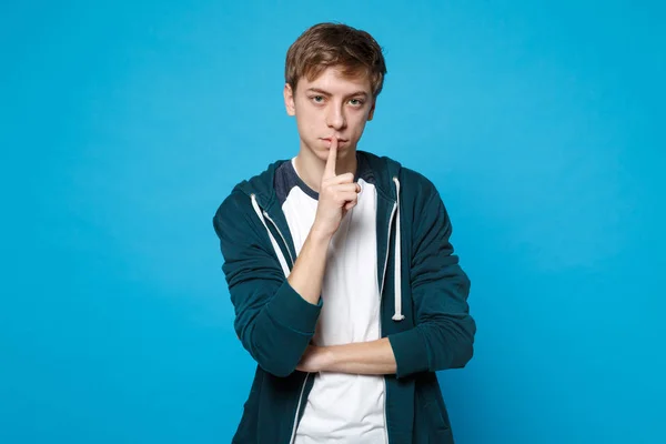 Retrato Joven Atractivo Ropa Casual Diciendo Silencio Estar Tranquilo Con — Foto de Stock