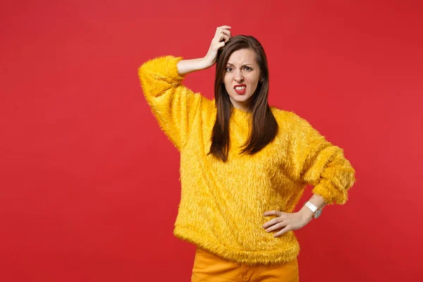 Portrait Concerned Puzzled Young Woman Yellow Fur Sweater Putting Hand — Stock Photo, Image