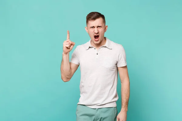 Kızgın Genç Adam Rahat Kıyafetler Işaret Parmağı Yukarıyı Çığlık Küfür — Stok fotoğraf