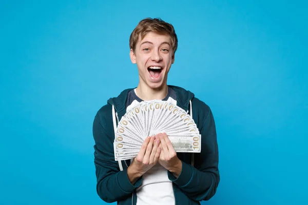 Emocionado Joven Feliz Ropa Casual Sosteniendo Ventilador Dinero Billetes Dólar —  Fotos de Stock