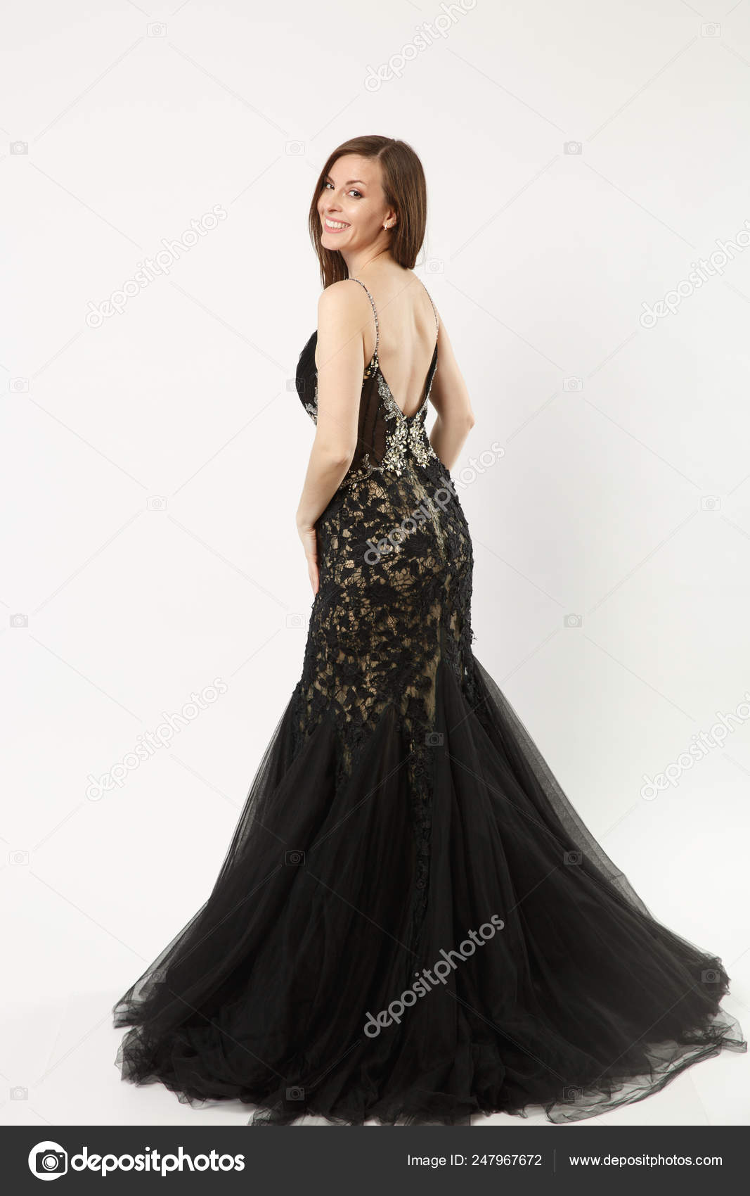 Beautiful Blonde Long Hair Long Evening Black Dress Standing White Stock  Photo by ©Diana.mironenko 313463578