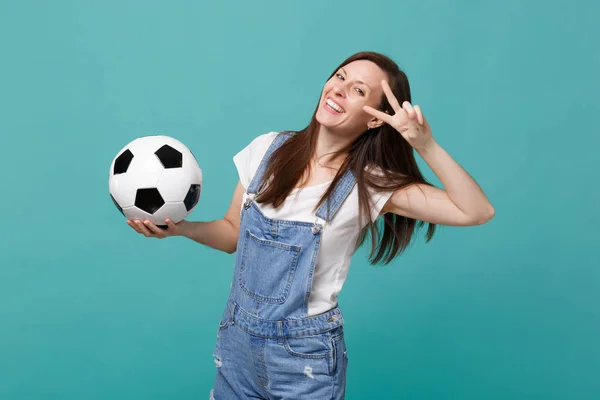 Joyful woman football fan cheer up support favorite team with so