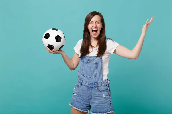 Crazy screaming girl football fan cheer up support favorite team