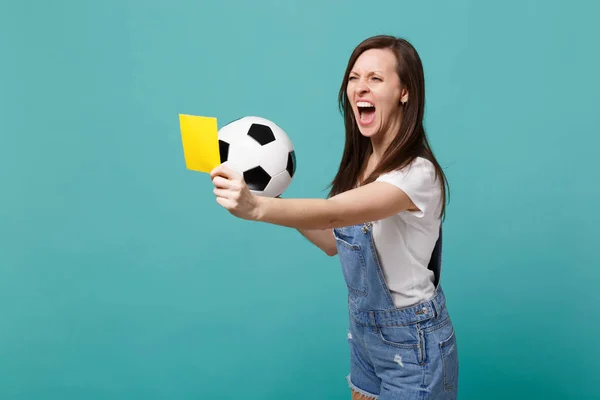 Angry woman football fan support team with soccer ball, yellow c