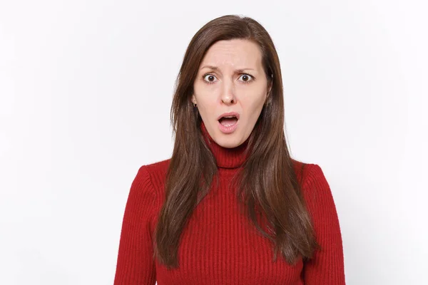 Perplexed Shocked Young Brunette Woman Girl Casual Red Clothes Posing — Stock Photo, Image