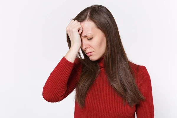 Trött Upprörd Ung Brunett Kvinna Flicka Casual Röda Kläder Poserar — Stockfoto