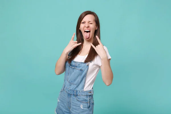 Crazy Young Woman Girl Casual Denim Clothes Isolated Blue Turquoise Stock Photo