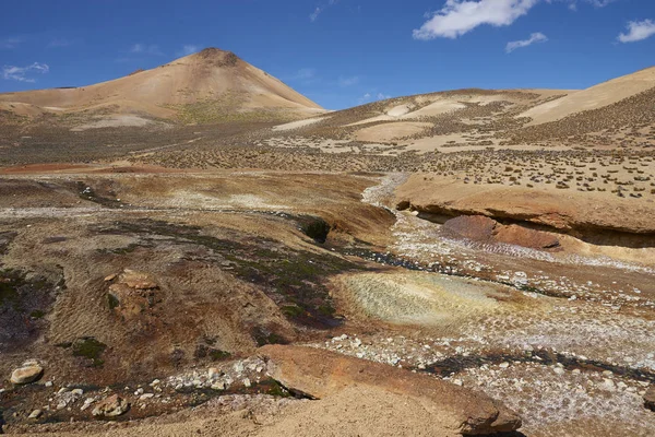 チリ北部のアルティプラーノでカラフルな砂漠の風景ラウカ国立公園を実行されている川の渓谷を乾いた — ストック写真