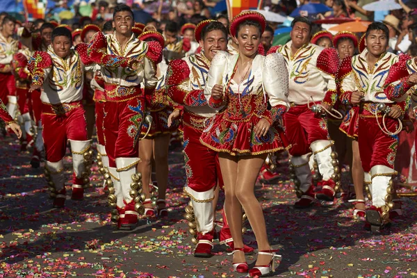 Arica Chile Janeiro 2016 Grupo Dança Caporales Traje Vermelho Branco — Fotografia de Stock