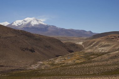 Kar pik volkan Dağları kuzey Şili Lauca Millî Parkı'nda yüksek Lauca Nehri Vadisi üzerinde yükselen Guallatiri şapkalı.