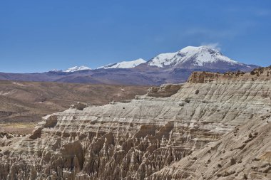 Eroded rock formations along Quebrada Chuba, a river valley high on the Altiplano of northern Chile in Lauca National Park. Snow capped peak of Volcano Guallatiri in the distance. clipart