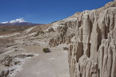 Eroded rock formations along Quebrada Chuba, a river valley high on the Altiplano of northern Chile in Lauca National Park. Snow capped peak of Volcano Guallatiri in the distance. clipart