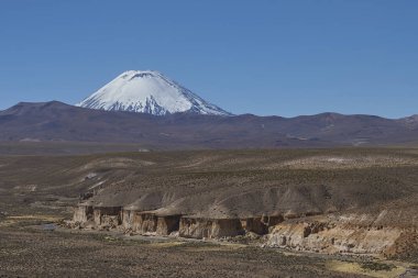 Kar kaplı Altiplano ve nehir Lauca Lauca Milli Parkı'nda, kuzey Şili Vadisi boyunca çalışan kayalıklarla yukarıda yükselen Parinacota volkan (6342 m).