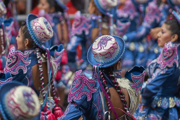 Oruro Bolivia February 2017 Caporales Dancers Ornate Costumes Performing Parade — Stock Photo, Image