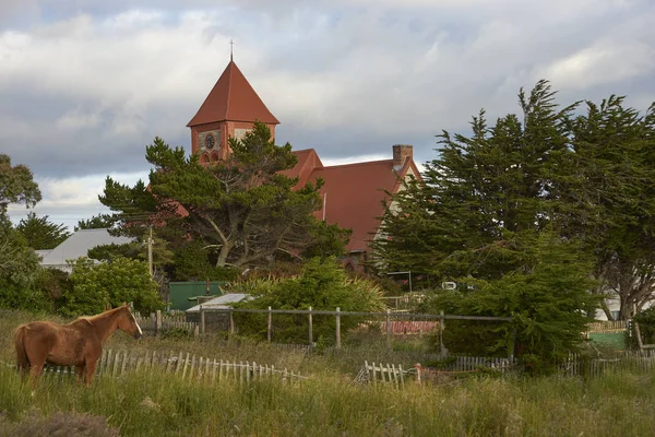 Stanley Falkland Adaları Nın Başkenti Tarihi Christchurch Katedralde Arkasındaki Arazide — Stok fotoğraf