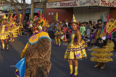 Arica, Chile - 24 Ocak 2016: Con Morenada dansçılar yıllık Carnaval Andino gerçekleştirme geleneksel and kostüm la Fuerza del Sol Arica, Chile.