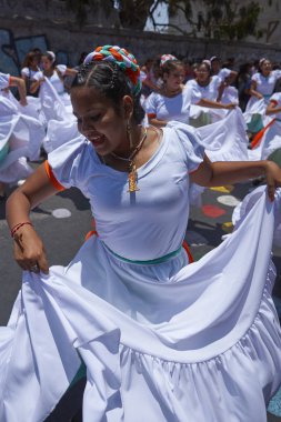 Arica, Chile - 10 Şubat 2017: Grup dansçılar, Afrika kökenli (Afrodescendiente) yıllık performans Carnaval Andino con la Fuerza del Sol Arica, Chile.