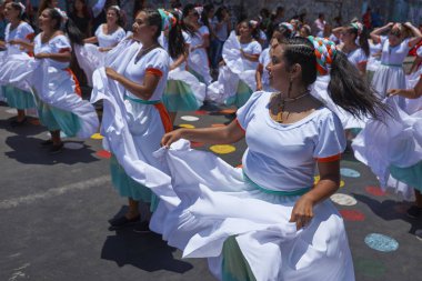 Arica, Chile - 10 Şubat 2017: Grup dansçılar, Afrika kökenli (Afrodescendiente) yıllık performans Carnaval Andino con la Fuerza del Sol Arica, Chile.