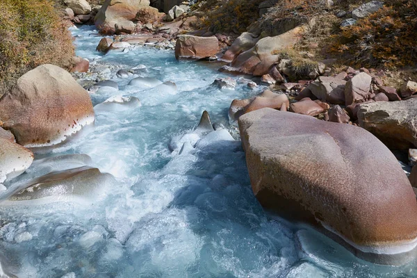 Río Helado Del Glaciar Paloma Que Atraviesa Vegetación Color Otoñal — Foto de Stock
