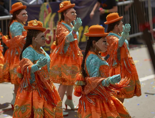 Oruro Bolivien Ruari 2017 Diablada Dansare Utsmyckade Kostymer Paraderar Genom — Stockfoto