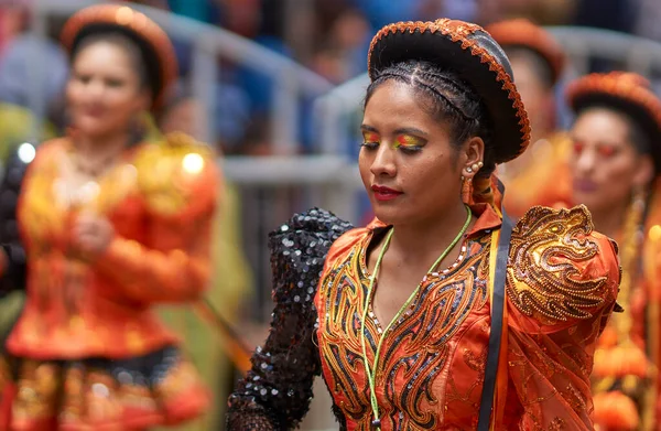 Oruro Bolivia Luty 2017 Tancerze Caporales Ozdobnych Kostiumach Paradujący Górniczym — Zdjęcie stockowe