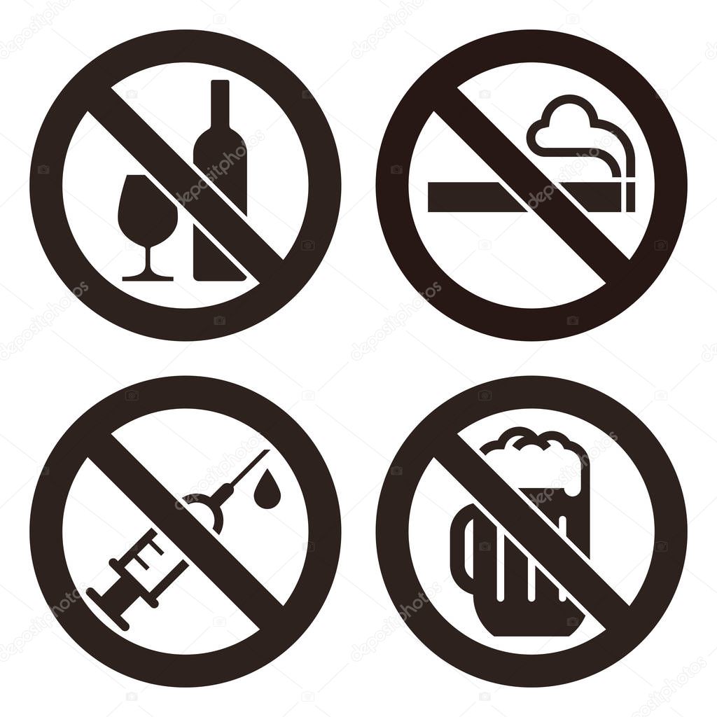 No alcohol sign, No smoking sign, No alcohol sign and No beer si