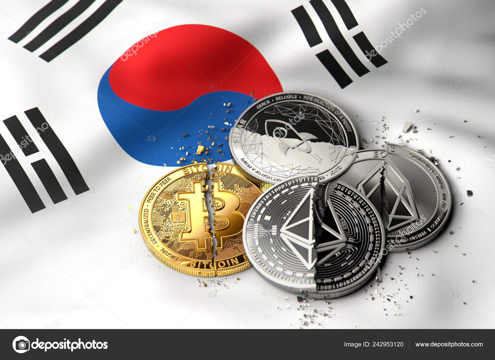 韩国国旗上破损或破裂的加密货币硬币的堆栈韩国密码学的概念—— 库存社论照片© hello.artmagination.com #242953120